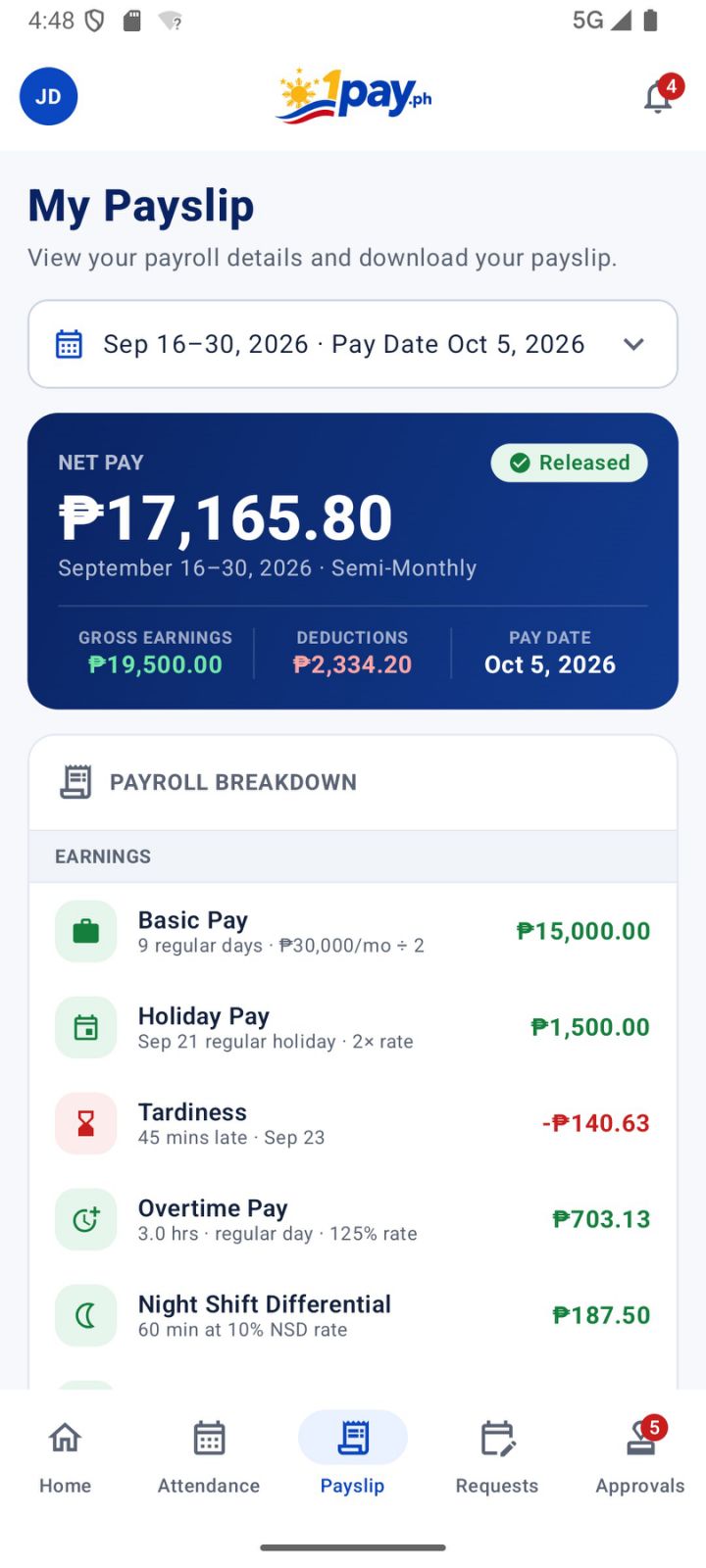 Actual 1pay mobile app My Payslip screen with net pay, pay date, gross earnings, deductions and payroll breakdown